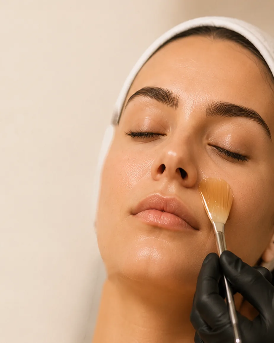 Facial Lunévia Signature: con guantes negros, la especialista aplica una mascarilla con brocha de abanico sobre la piel de la clienta.