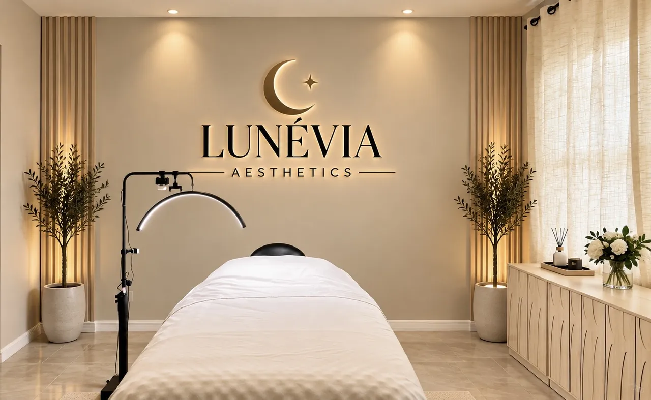 Sala de tratamiento de LUNÉVIA: camilla con sábanas blancas, lámpara de aro, olivos y el logotipo iluminado en la pared.